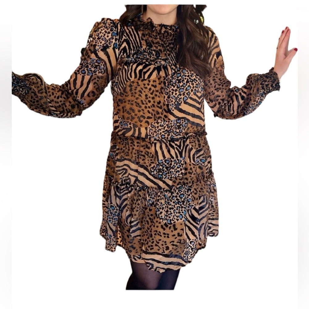 UNCLE FRANK animal print Burn Tiered Dress Ruched Detail & Ruffled High neck NWT